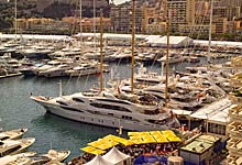 Yacht Photography Monacoyachtshow Port Hercule in Monaco, in the front Superyacht Wind with Helicopter